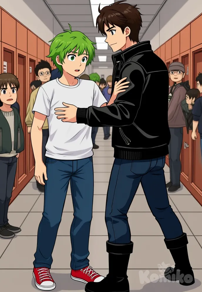Character 0 is Lucas, description: A 15-year-old boy with bright green eyes and short, messy green hair. He wears a white t-shirt, blue jeans, and red sneakers. His expression is nervous and uncertain..
Character 1 is Bully, description: A 17-year-old boy with brown eyes and short black hair. He has a muscular build and wears a black leather jacket, dark blue jeans, and black boots. His expression is menacing..
Inside a crowded school hallway, Lucas is cornered by a larger, intimidating student (Bully). Lockers line the walls, and other students watch from the background, digital color comicbook style, modern american comic, drawing