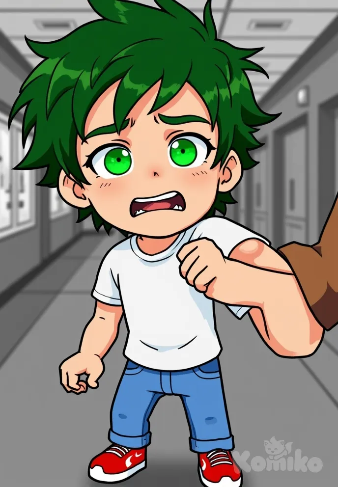 Character 0 is Lucas, description: A 15-year-old boy with bright green eyes and short, messy green hair. He wears a white t-shirt, blue jeans, and red sneakers. His expression is nervous and uncertain..
Close-up of Lucas's face looking terrified as the Bully's hand grabs his shirt collar. The background is blurred but still shows the school hallway, digital color comicbook style, modern american comic, drawing
