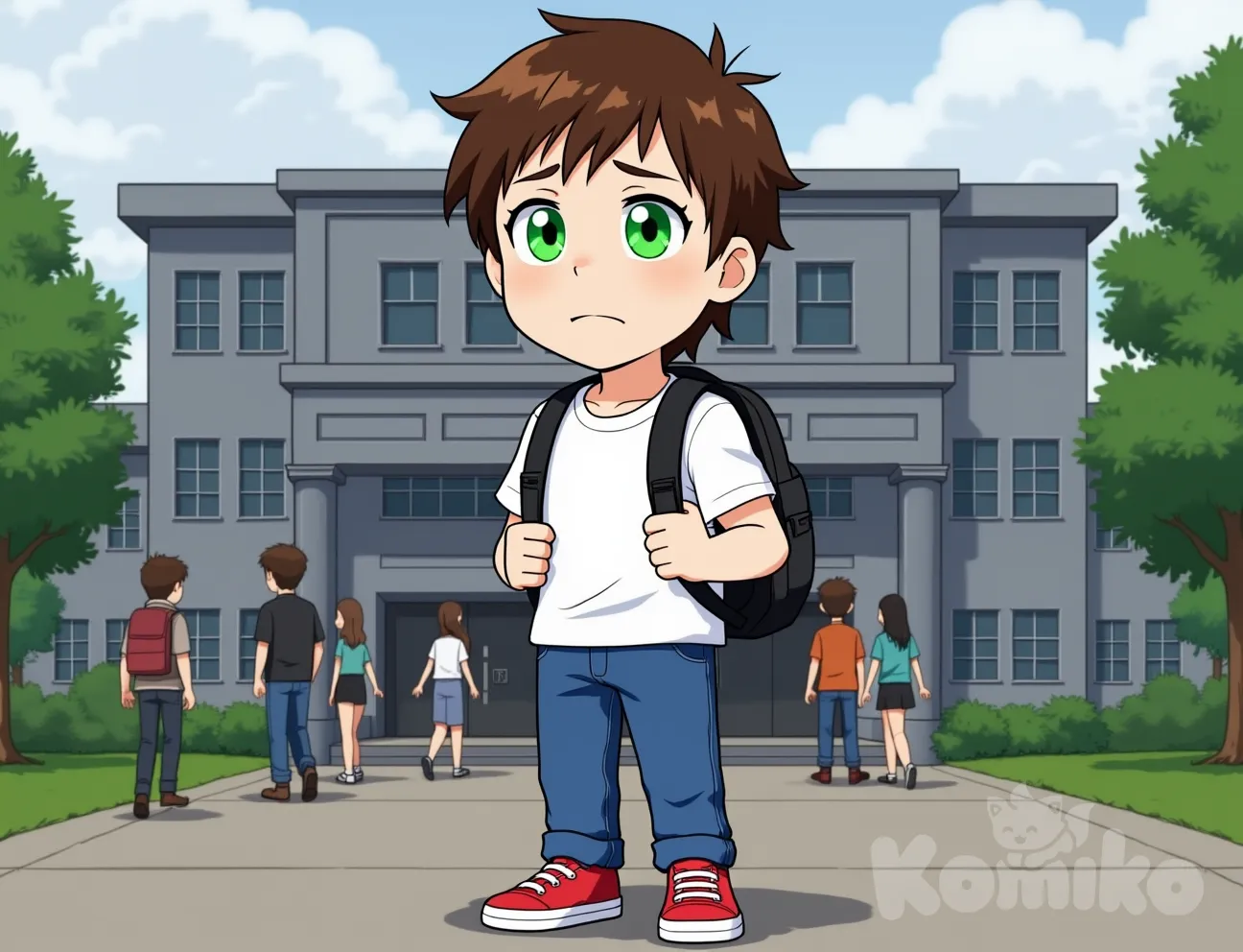 Character 0 is Lucas, description: A 15-year-old boy with bright green eyes and short, messy green hair. He wears a white t-shirt, blue jeans, and red sneakers. His expression is nervous and uncertain..
Lucas standing nervously in front of a large, imposing high school building. He clutches his backpack straps tightly. The sky is overcast, and other students are walking past him towards the entrance, digital color comicbook style, modern american comic, drawing