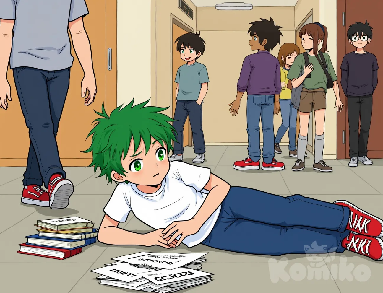 Character 0 is Lucas, description: A 15-year-old boy with bright green eyes and short, messy green hair. He wears a white t-shirt, blue jeans, and red sneakers. His expression is nervous and uncertain..
Lucas lying on the floor of the school hallway, his books and papers scattered around him. The Bully walks away in the background. Other students look on with a mix of concern and indifference, digital color comicbook style, modern american comic, drawing