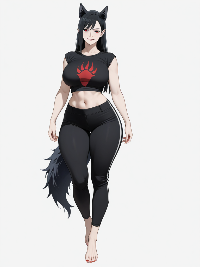 1girl, solo, very tall, mature female, athletic build, curvy, slim, fair skin, pale skin, black hair, straight hair, long hair, red eyes, wolf ears, black wolf ears, pointed ears, erect ears, large fluffy black wolf tail, large breasts, tight clothes, cropped shirt, black shirt, navel, bare arms, abdominal emphasis, black pants, tight pants, military pants, red claw print, long legs, large thighs, barefoot, smirk, scar, one_piece style, jujutsu_kaisen style, naruto style, single character, full body, looking at viewer, simple background, white background