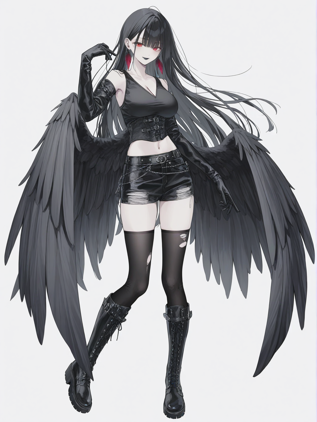 [soft-pastel-style] 1girl, mature female, slim, tall, curvy, athletic build, long hair, straight hair, black hair, red eyes, pale skin, delicate face, smile, black eyeliner, black lipstick, crow feather earrings, black earrings, gothic fashion, black clothing, tight clothes, black gloves, crow wing gloves, black corset, v-neck, cleavage, exposed midriff, magical symbols, black shorts, miniskirt, torn clothes, black leggings, kneeboots, leather boots, metallic details, single character, full body, looking at viewer, anime style, simple background, white background