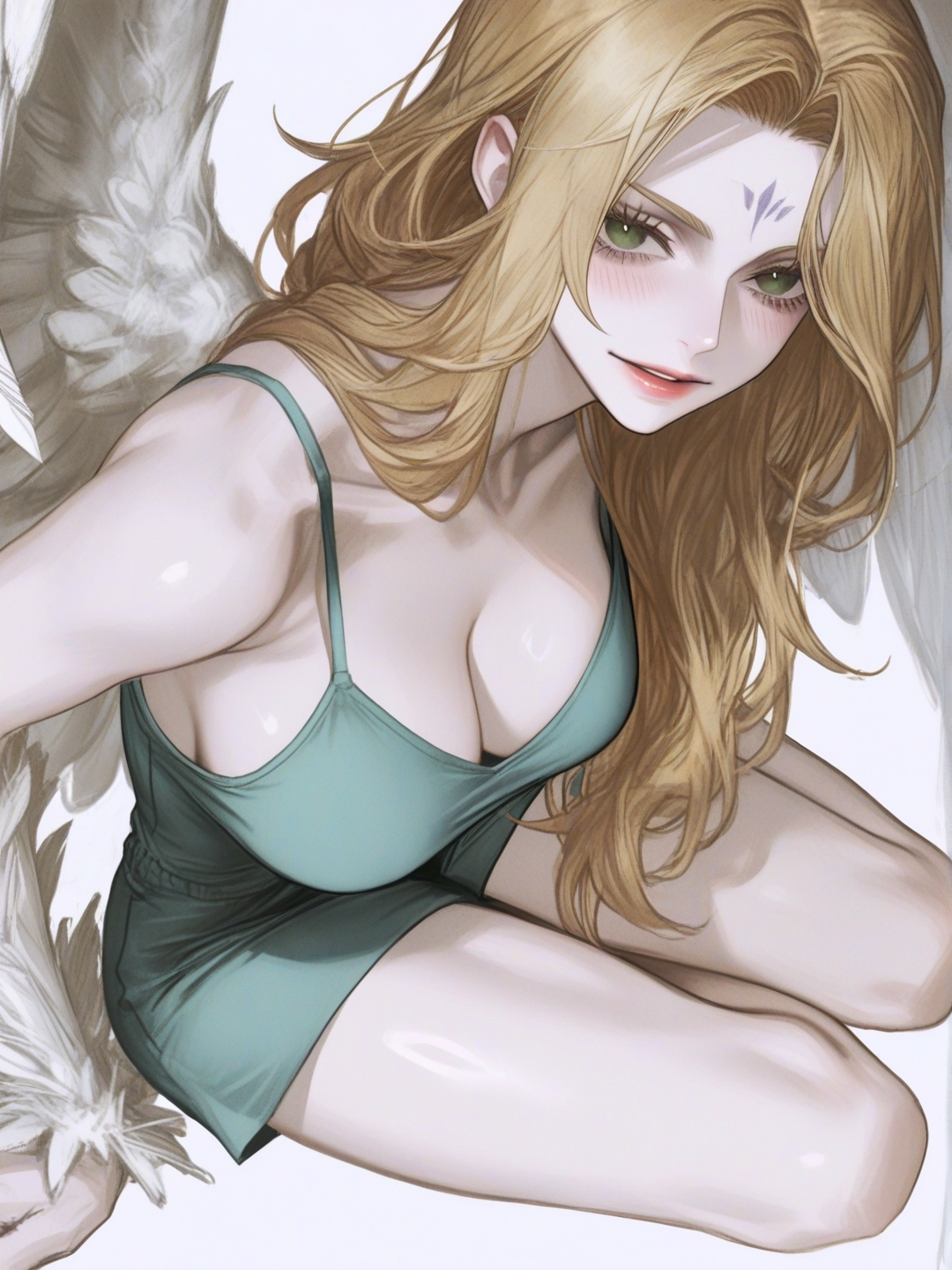[semi-realistic-portrait-style] 1girl, original character, tall, beautiful, mature, athletic, curvy, slim, long hair, blonde hair, green eyes, fair skin, pale skin, white skin, feather arm wings, arm feathers, nymph, one piece style, jujutsu kaisen style, naruto style, single character, full body, looking at viewer, simple background, white background