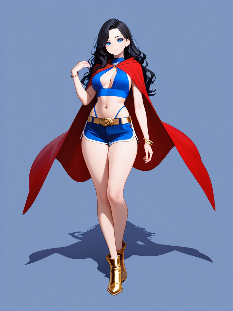1girl, fair_skin, tall, slim, athletic, curvy, mature_female, long_hair, wavy_hair, black_hair, swept-back_hair, blue_eyes, halter_top, deep_v-neck, backless, dark_blue, short_shorts, highleg, side_slit, blue_shorts, red_cape, capelet, golden_belt, simple_blue_shoes, bracelet, black_glow, black_beam, single character, full body, looking at viewer, simple background, white background
