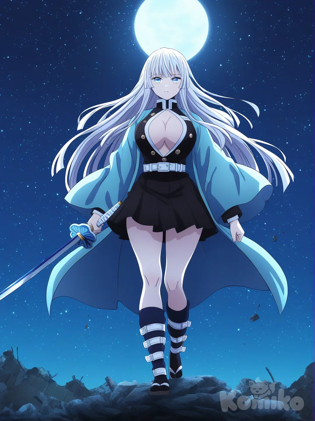 holding sword, expressionless, female Demon Slayer Corps uniform, 1girl, [bright-anime-style], long hair like Daki demon,not like Shinobi,not like Muichiro, white hair, ivory white, full body, front profile photo, ambient light, top light, ruins, starry sky, moon, haori like Mitsuri's is white and blue , short and pleated skirt,big boobs,blue sword