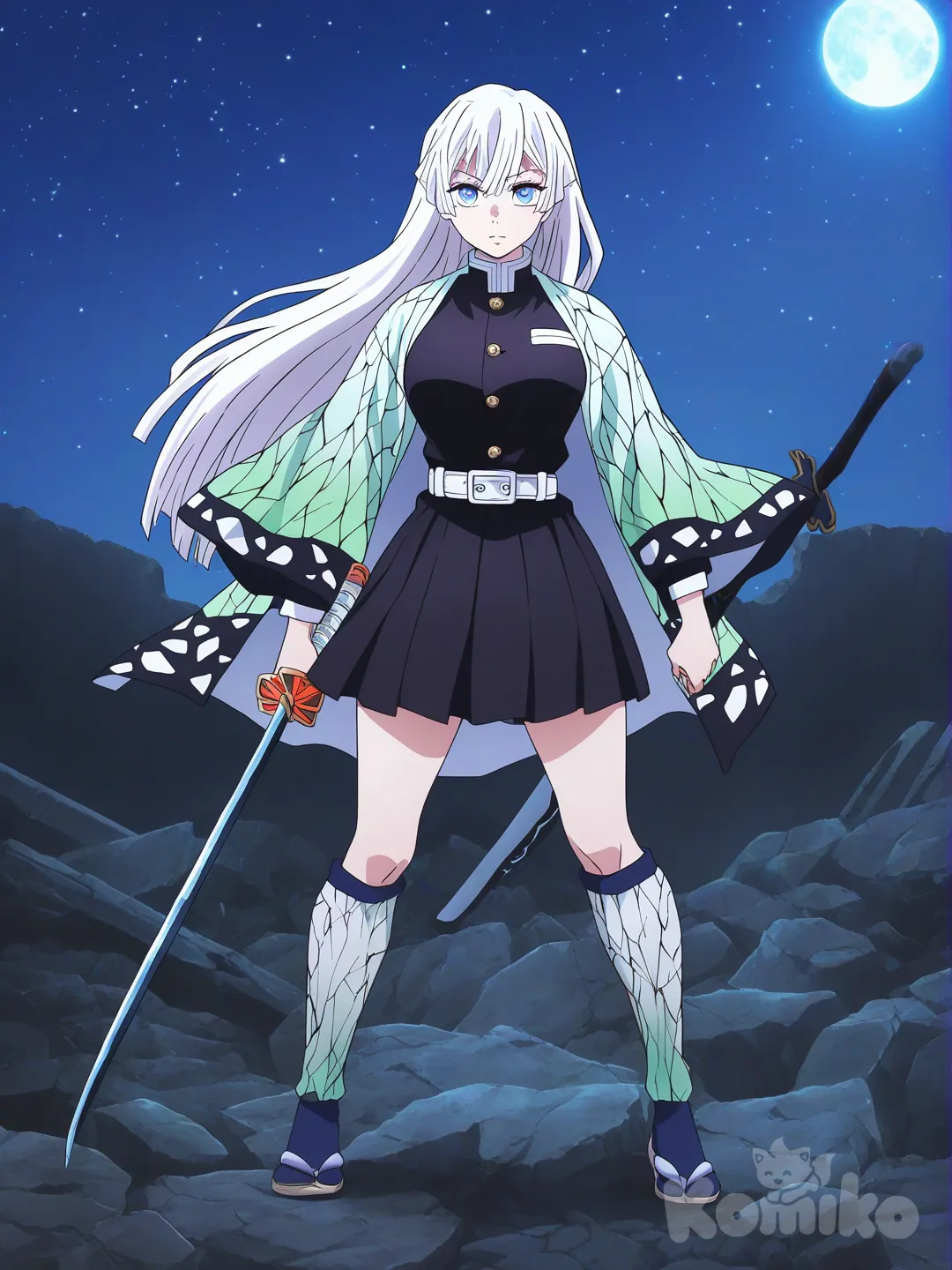 holding sword, expressionless, female Demon Slayer Corps uniform, 1girl, [bright-anime-style], long hair,not like Shinobi,not like Muichiro, white hair, ivory white, full body, front profile photo, ambient light, top light, ruins, starry sky, moon, haori have color is white and blue , short and pleated skirt,big boobs