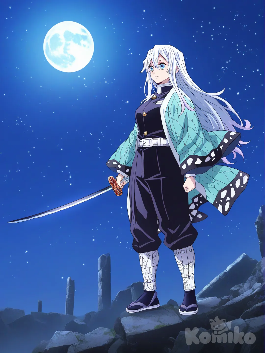 holding sword, expressionless, female Demon Slayer Corps uniform, 1girl, [bright-anime-style], long hair, white hair, ivory white, full body, front profile photo, ambient light, top light, ruins, starry sky, moon, haori have color is white and blue