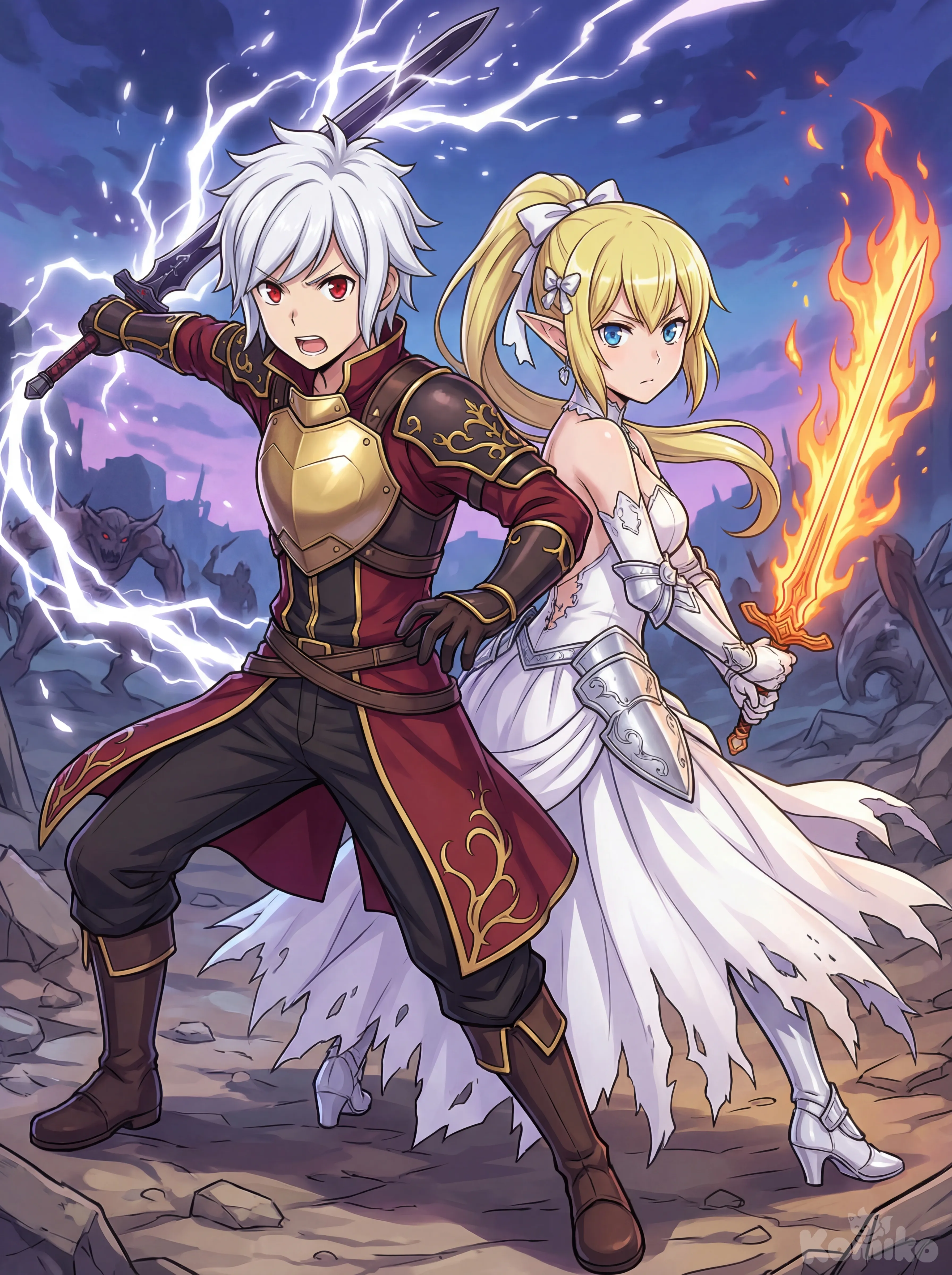 Based on the anime art style, I created two characters. The first is a recreation of Bell Cranel (Danmachi), with short white hair, red eyes, and a heroic red and black outfit with gold details. He wears a gold armor plate on his chest and wields a jet-black sword that glows with white light and flames of the same color. The second character is Ryuu Lion (Danmachi), with blonde hair tied in a ponytail, blue eyes, pointed ears, a hair ribbon, and a white ribbon. He wears a wedding dress as his adventurer's battle outfit and wields a flaming sword. Both characters are depicted in an epic pose, back to back, creating an epic and dynamic scene., anime style