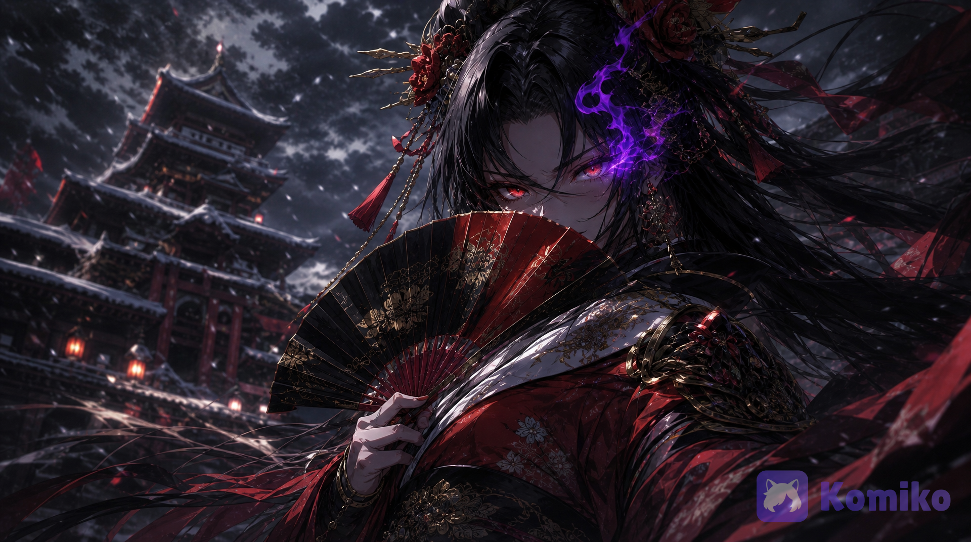 A fierce warrior woman with glowing red eyes and an ethereal purple aura around her left eye, holding decorative fans, wearing a red and black kimono with gold accents, stands in a snowy, traditional Japanese courtyard with a grand castle in the background under a dramatic, cloudy sky. The scene is rendered in a highly anime-inspired, The color palette is dominated by deep blacks and striking reds,casting deep shadows and creating an ethereal, almost otherworldly atmosphere. dark fantasy art style with a dramatic, cinematic atmosphere. The lighting is harsh and atmospheric, casting sharp shadows and highlighting the snow. The color palette is dominated by deep reds, blacks, and grays, with striking accents of gold and purple. The composition is a dynamic close-up, focusing on the warrior's intense gaze and flowing attire, with a shallow depth of field that blurs the background. The shot is framed from a low angle, emphasizing her power. The overall mood is intense, powerful, and slightly ominous, Raw style