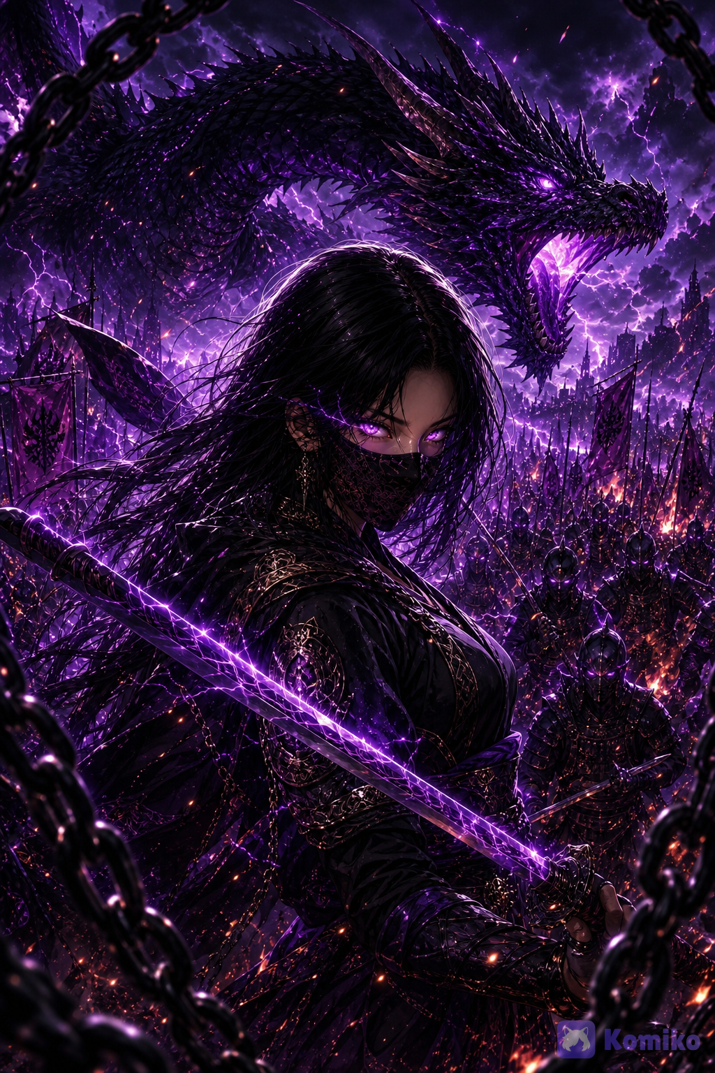 @sasha-valencia-FqiD,Make an image with given character like- A striking anime woman, a battlefield, a clear command presence, a dragon behind her,her dragon army,She holds a long elegant sword, aura neon glowing light from eyes. The background is a chaotic . Heavy, dark chains frame the foreground, adding a sense of imprisonment or struggle. Fiery deep black and purple dominate the color palette, with glowing embers or particles scattered around her, suggesting heat or energy. The composition is a close-up portrait, focusing on her expressive eyes and the mask. The lighting is high contrast,The lighting is dramatic and volumetric, highlighting the subject and the background elements. The overall mood is intense, dark fantasy with a touch of rebellion and power. The composition features a medium shot, The art style is and illustrative, reminiscent of high-fantasy anime artwork, style raw