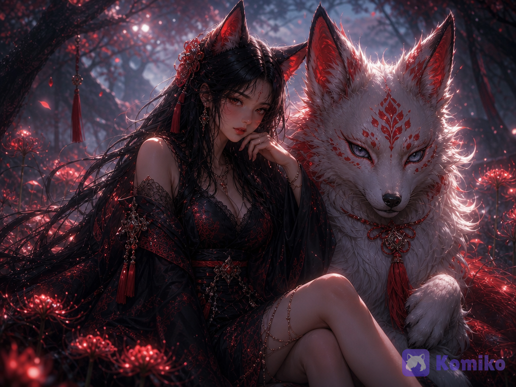 @sasha-valencia-FqiD,Make an image with given character like -A beautiful anime style fox eared woman . She is sitting in a mystical forest at twilight, with a fierce,bond with a spirit-beast partner, a creature companion, a familiar, a beast form fused, glowing fox spirit companion to her side. A close-up portrait of an anthropomorphic fox creature, The creature has fluffy white fur around its face and chest. Elaborate red markings adorn its forehead and cheeks, resembling stylized hearts and dots. Its large, expressive eyes are a striking blue-grey with piercing pupils, and its paws are gently resting on its chest, adorned with a vibrant red tassel and knot. The lighting is soft and diffused, creating a gentle, ethereal atmosphere. The color palette is dominated by blacks, whites, and deep reds, with subtle hints of gold and pale blue in the background, suggesting a mystical or celestial setting. The composition is a tight portrait, focusing on the creature's face and upper body, The overall mood is one of serene mystery and gentle elegance.. The scene is illuminated by a soft, ethereal light with hints of red glow, creating a romantic and slightly dark atmosphere. There are small red flowers scattered in the foreground grass. The composition is a medium shot, focusing on the woman and her companion. The image has a shallow depth of field, with the background slightly blurred, style raw