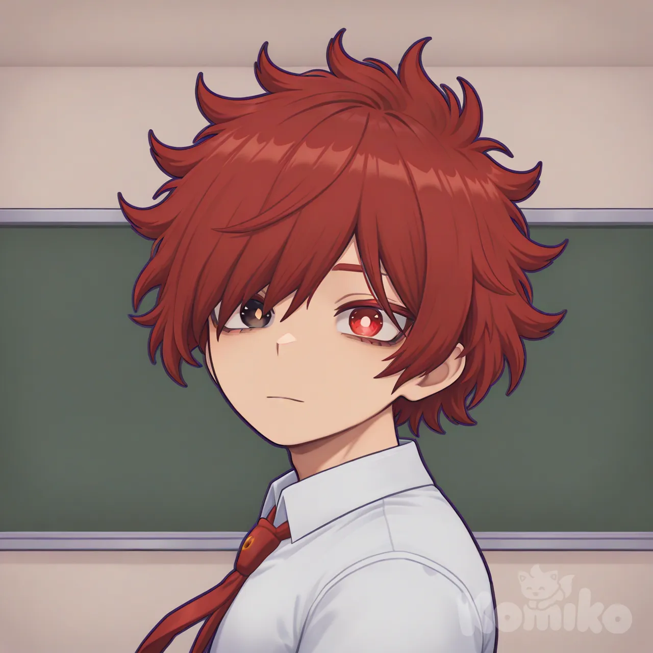 A boy from My Hero Academia, fair-skinned, 18 years old, red hair (short and in messy layers, especially short at the nape and sides), with slightly messy bangs that fall over his eyes, hiding them, but the wind reveals his right eye, red irises with a unique characteristic of his family: a star-shaped pupil, his pupil is white, he wears the hero school uniform, but without the jacket. Upper body, classroom, expressionless, [3d-anime-game-style]