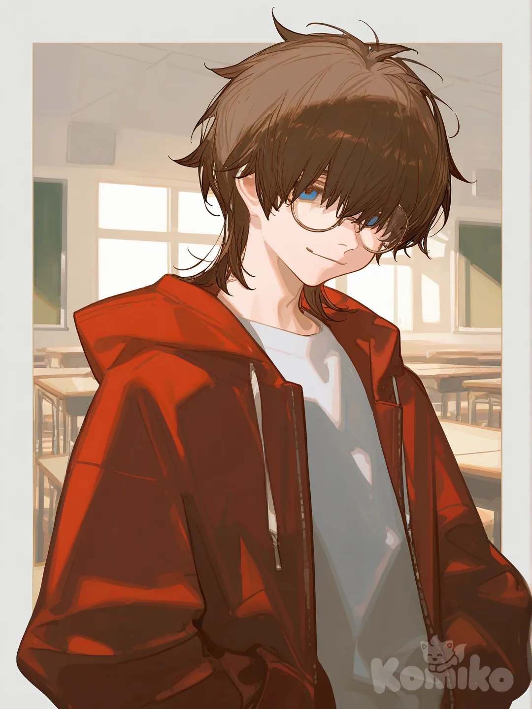 A young adult male, fair-skinned, with messy, straight brown hair that reaches his cheeks, and a disheveled fringe that falls across his face, intense blue eyes, wearing a basic white shirt, an open red sweatshirt over it, and round glasses below his eyes., hands in pockets, smirk, classroom, portrait, upper body, 1boy, [dazzling-illustration-style]