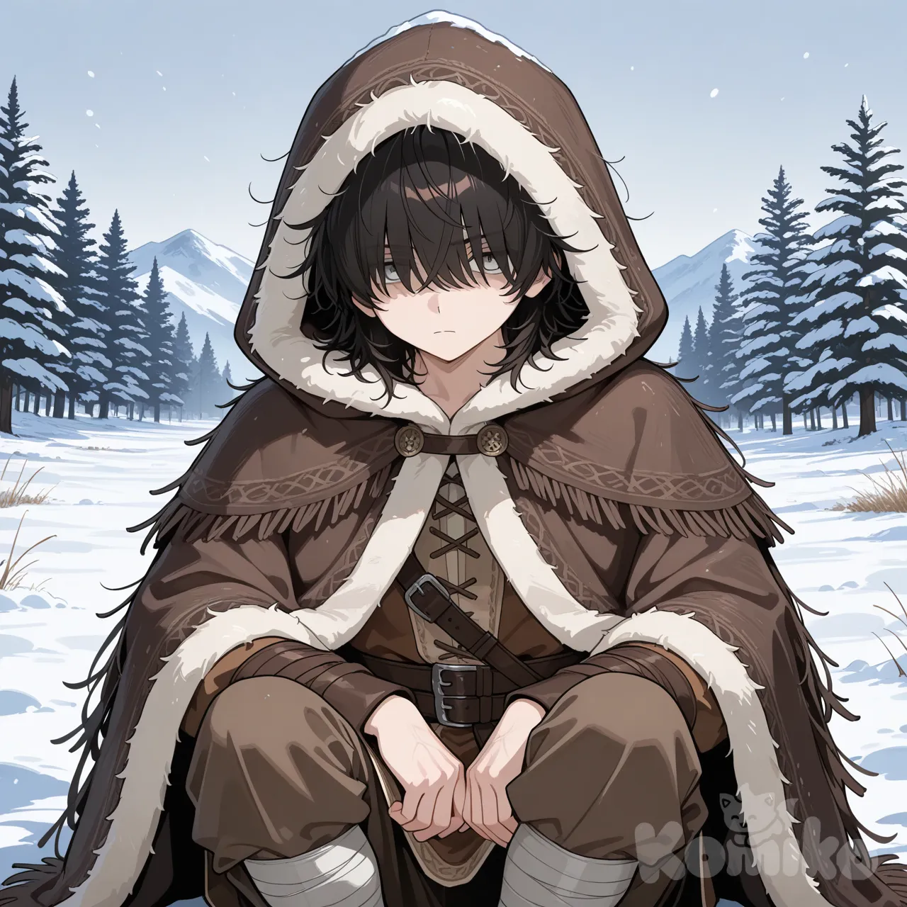 An 18-year-old boy, fair-skinned, 1.55 meters tall, with medium-length black hair that reaches his neck, messy, with a fringe that falls over his face, silver eyes, wears a brown linen-cotton tunic under an outer tunic of darker wool, usually in shades of dark brown. The outer tunic may have a synthetic fur lining and sleeves for thermal protection. A short woolen cloak (kjortel), often lined with fur, covers his shoulders, and he frequently wears a hood. His trousers are of a reconstructed Viking pattern, loose for movement, in a brown tone. He wears leg wraps that go from the ankle to the knee for protection and support, usually in brown., 1boy, [semi-realistic--style], expressionless, angry, upper body, snowy