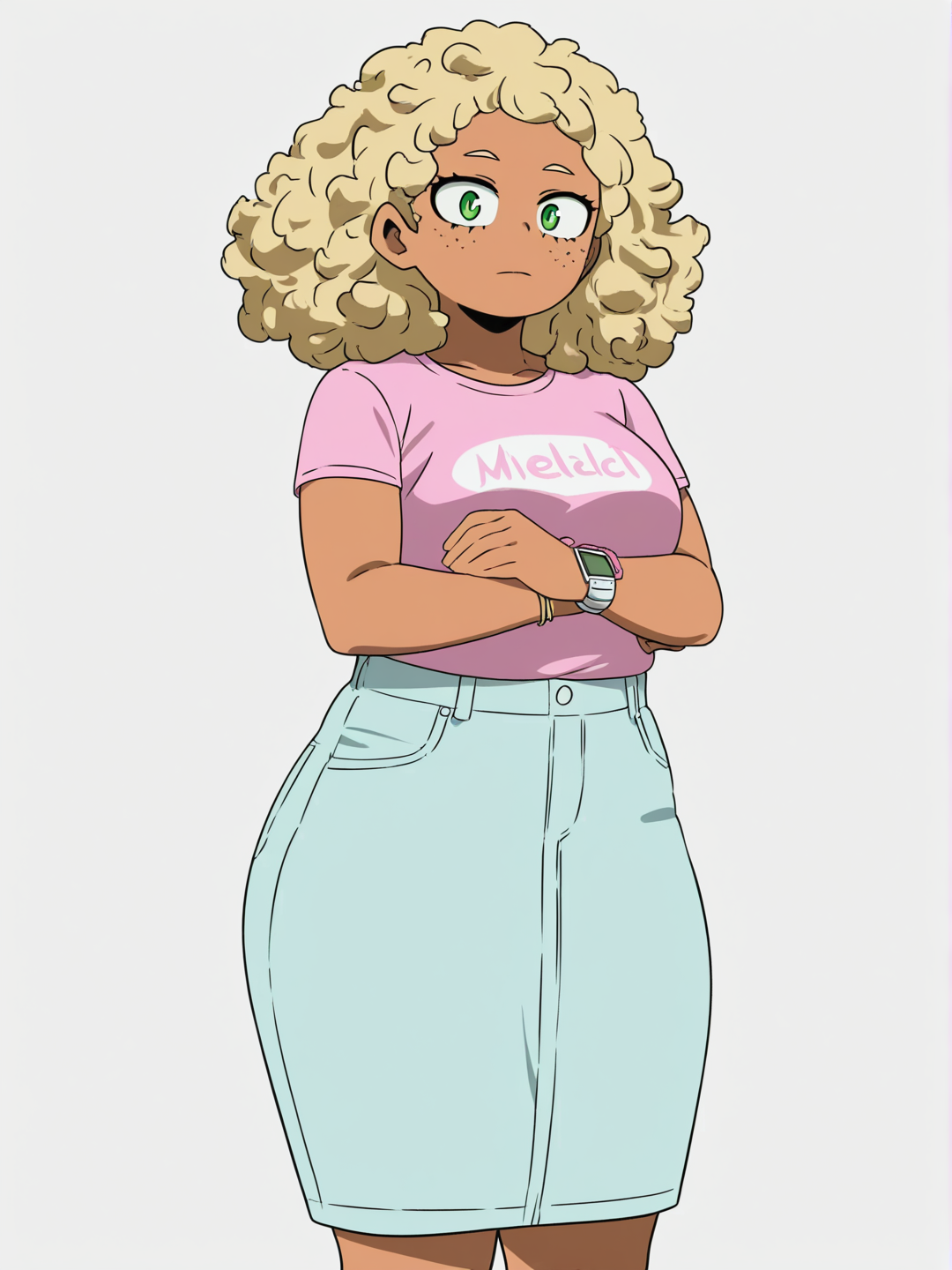 [bright-anime-style] 1girl, my_hero_academia, original_character, teenager, curvy, chubby, short, brown_hair, blonde_hair, curly_hair, short_hair, green_eyes, scar, dimple, freckles, dark_skin, vitiligo, metallica_t-shirt, lace, ruffles, denim_skirt, jewelry, bracelet, digital_watch, bow, single_character, full_body, looking_at_viewer, anime_style, simple_background, white_background