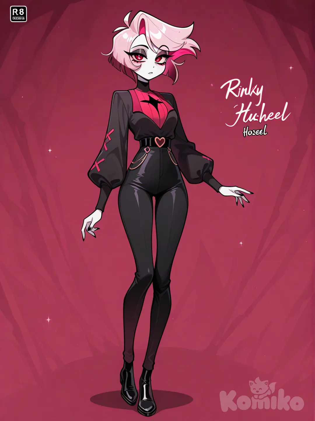 female, short pink hair, red eyes, white skin, black clothes, full body, hazbin hotel, stand still, unusual clothes, pants