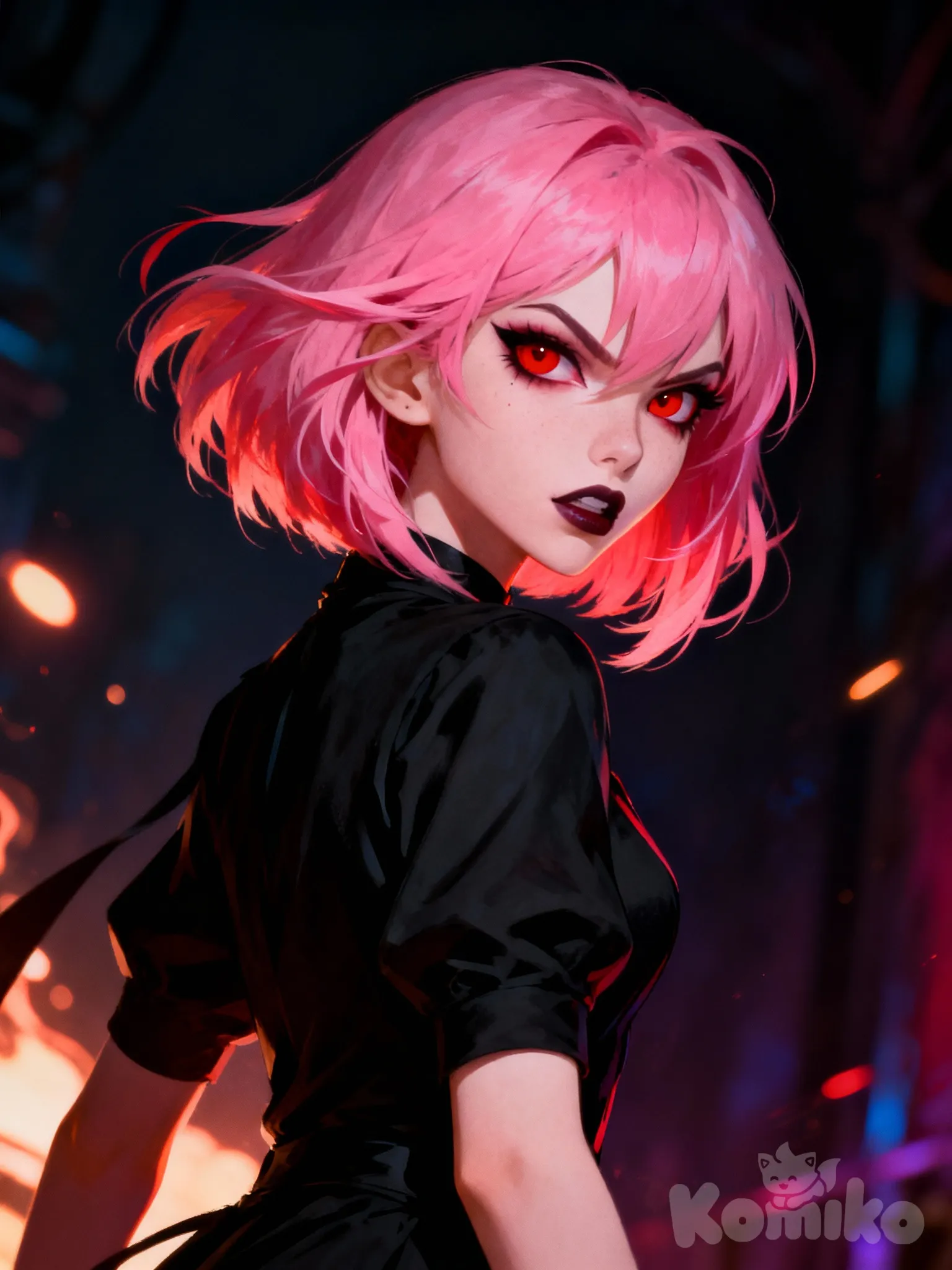 hazbin hotel, female, short pink hair, red eyes, light skin, black clothes