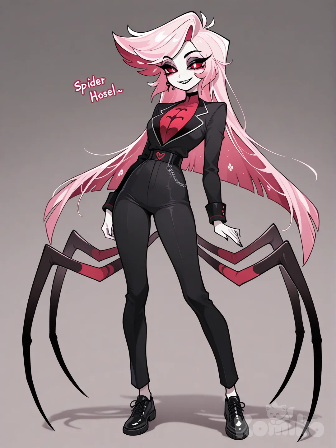 female, short pink hair, red eyes, white skin, black clothes, full body, hazbin hotel, stand still, piercing, unusual clothes, pants, spider body
