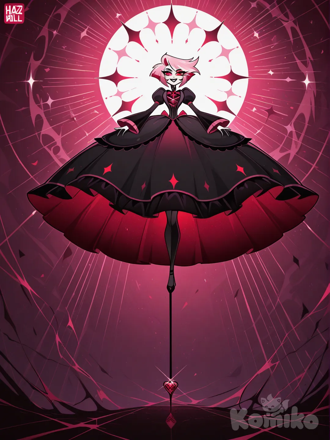 female, short pink hair, red eyes, white skin, black clothes, hazbin hotel, piercing, unusual clothes, ultra-wide shot