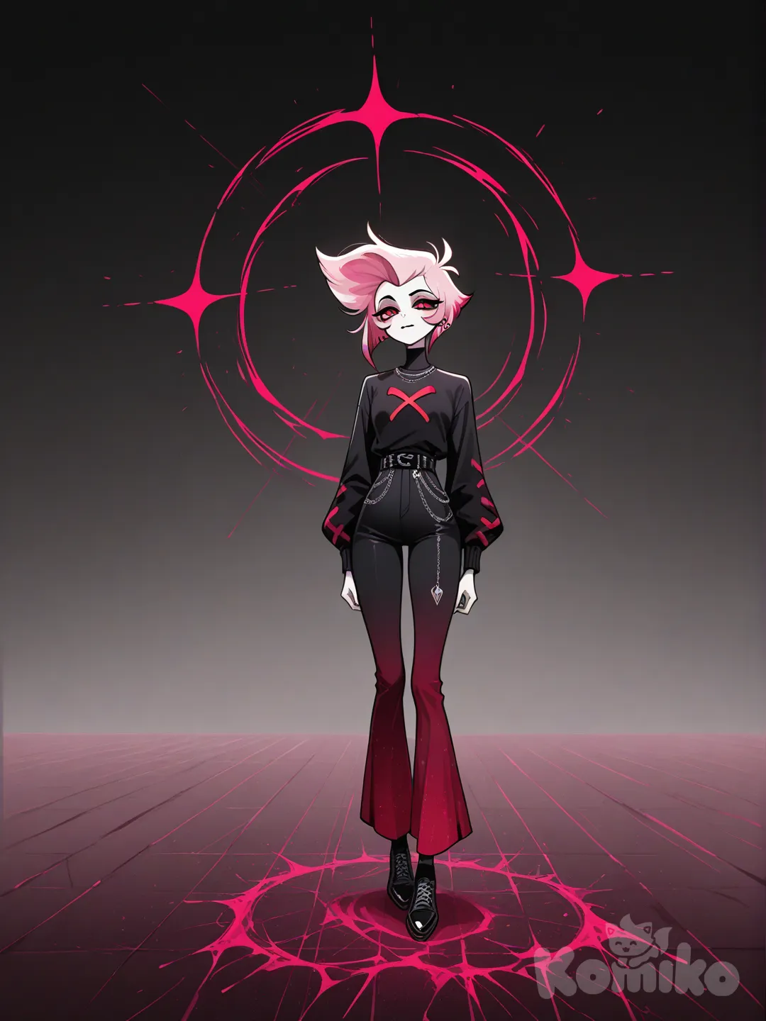 female, short pink hair, red eyes, white skin, black clothes, hazbin hotel, piercing, unusual clothes, pants, ultra-wide shot