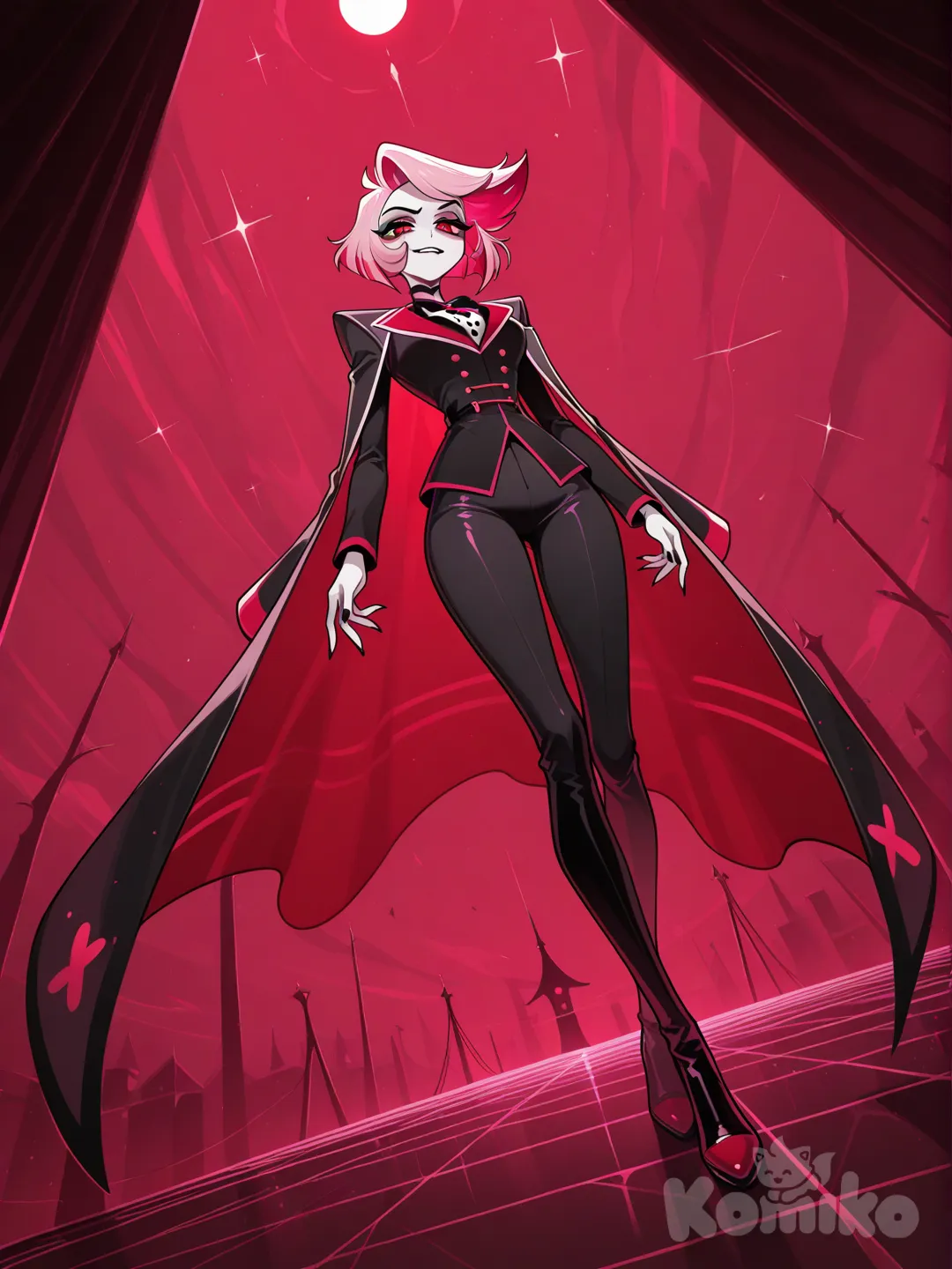 female, short pink hair, red eyes, white skin, black clothes, hazbin hotel, piercing, unusual clothes, pants, ultra-wide shot