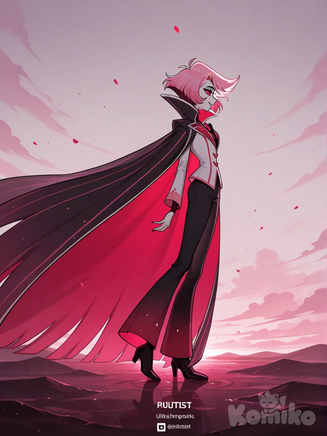 female, short pink hair, red eyes, white skin, black clothes, hazbin hotel, unusual clothes, ultra-wide shot, pants, side profile photo