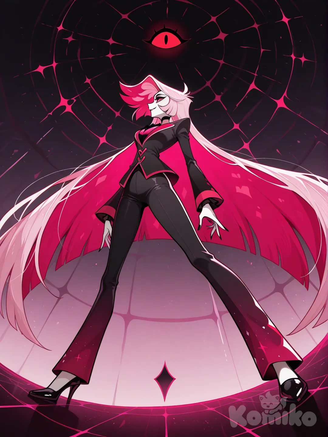 female, short pink hair, red eyes, white skin, black clothes, hazbin hotel, unusual clothes, ultra-wide shot, pants, side profile photo, from below