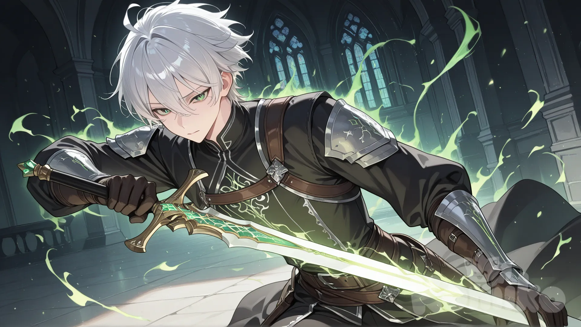 ผู้กล้าหนุ่ม ผมสีเงิน ดวงตาสีเขียว  ถือดาบศักดิ์สิทธ์