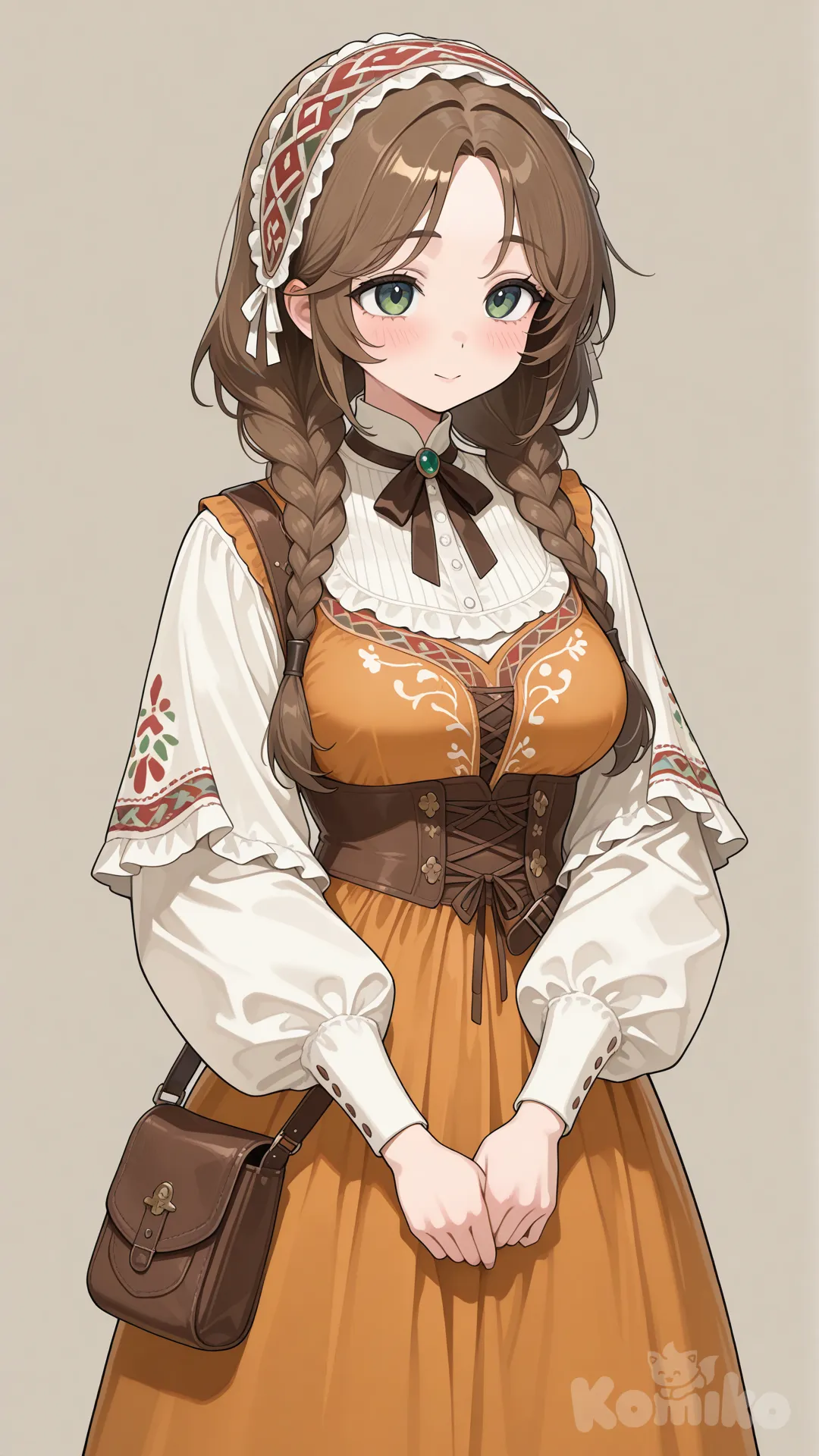 สาวสวยผมสีน้ำตาล ตาสีเขียว สวมชุดชาวบ้านสไตล์ยุโรป สวมผ้าคาดผม