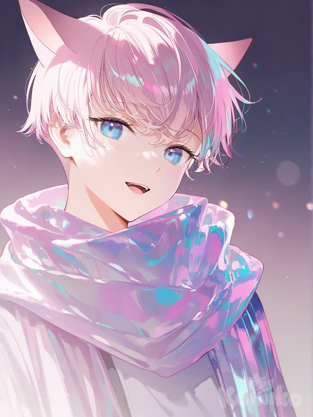 1boy, [iridescent-style], singing, smile, buzz cut, fuchsia, scarf, cat ears