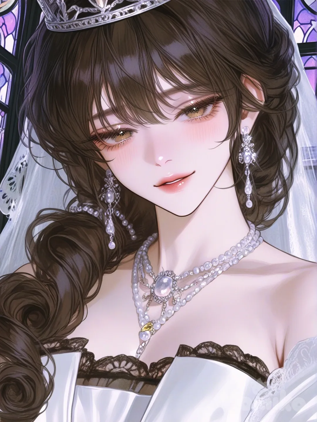 1girl, [semi-realistic-portrait-style], smirk, head tilt, evening dress, lace, ruffles, crown, hair accessory, wedding veil, necklace, earrings, jewelry, diamonds, pearls, bracelet, spiral curls, ivory white, church