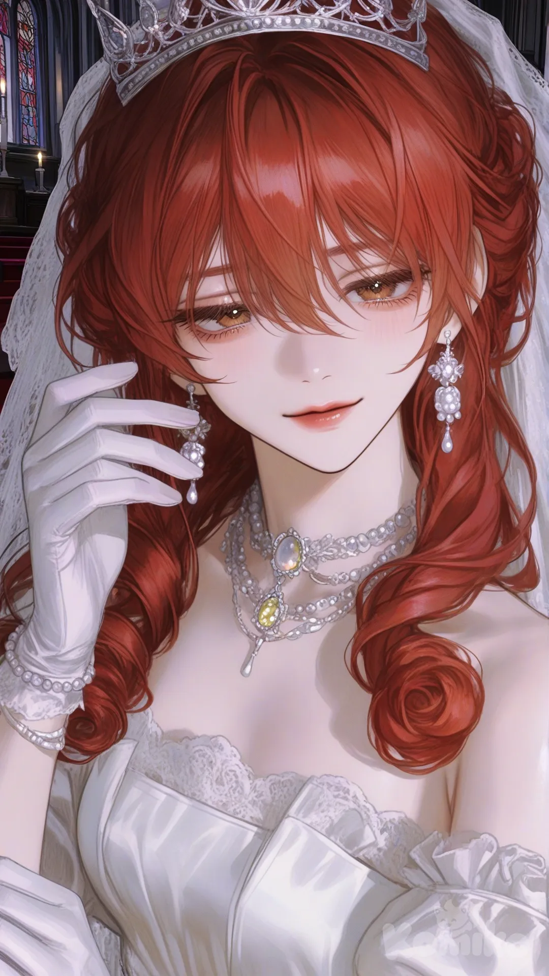 1girl, [semi-realistic-portrait-style], smirk, head tilt, evening dress, lace, ruffles, crown, hair accessory, wedding veil, necklace, earrings, jewelry, diamonds, pearls, bracelet, spiral curls, ivory white, church
