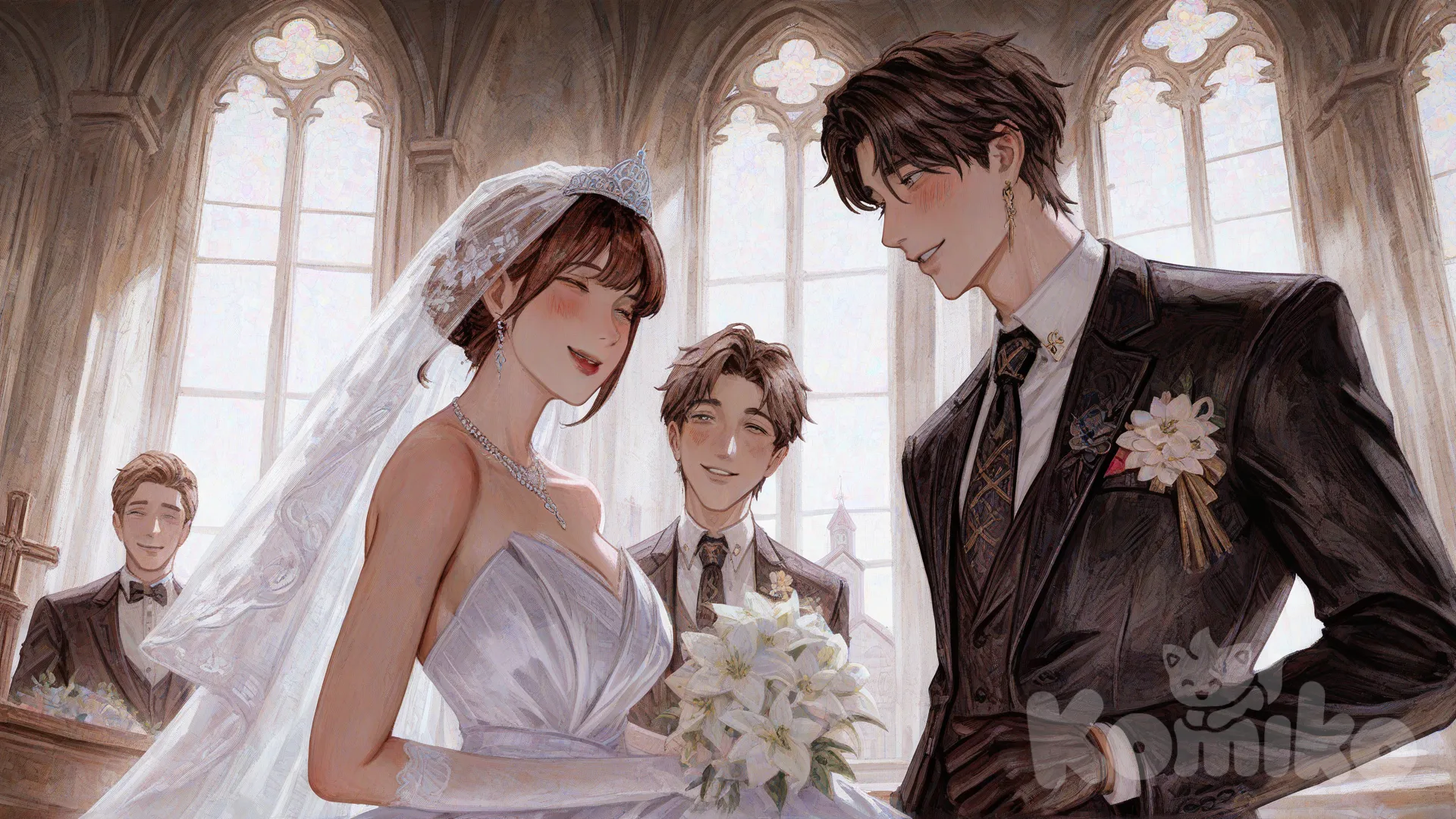 1boy, 1girl, 2people, [gothic-oil-painting-style], smile, blush, evening dress, suit, ruffles, lace, tassels, wedding veil, tie, necklace, corsage, crown, headscarf, jewelry, gloves, earrings, church