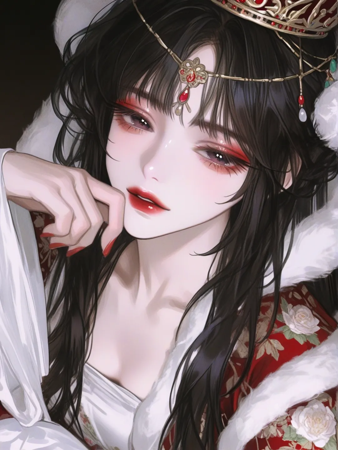 [semi-realistic-portrait-style], 1girl,สวมชุดแสดงงิ้วปักกิ่งสีขาวลายดอกไม้,ทาหน้าสีขาว,ทาขอบตาสีแดง,ทาริมฝีปากสีแดง,สวมมงกุฎจีนสีฟ้า,ผมยาวสีดำ