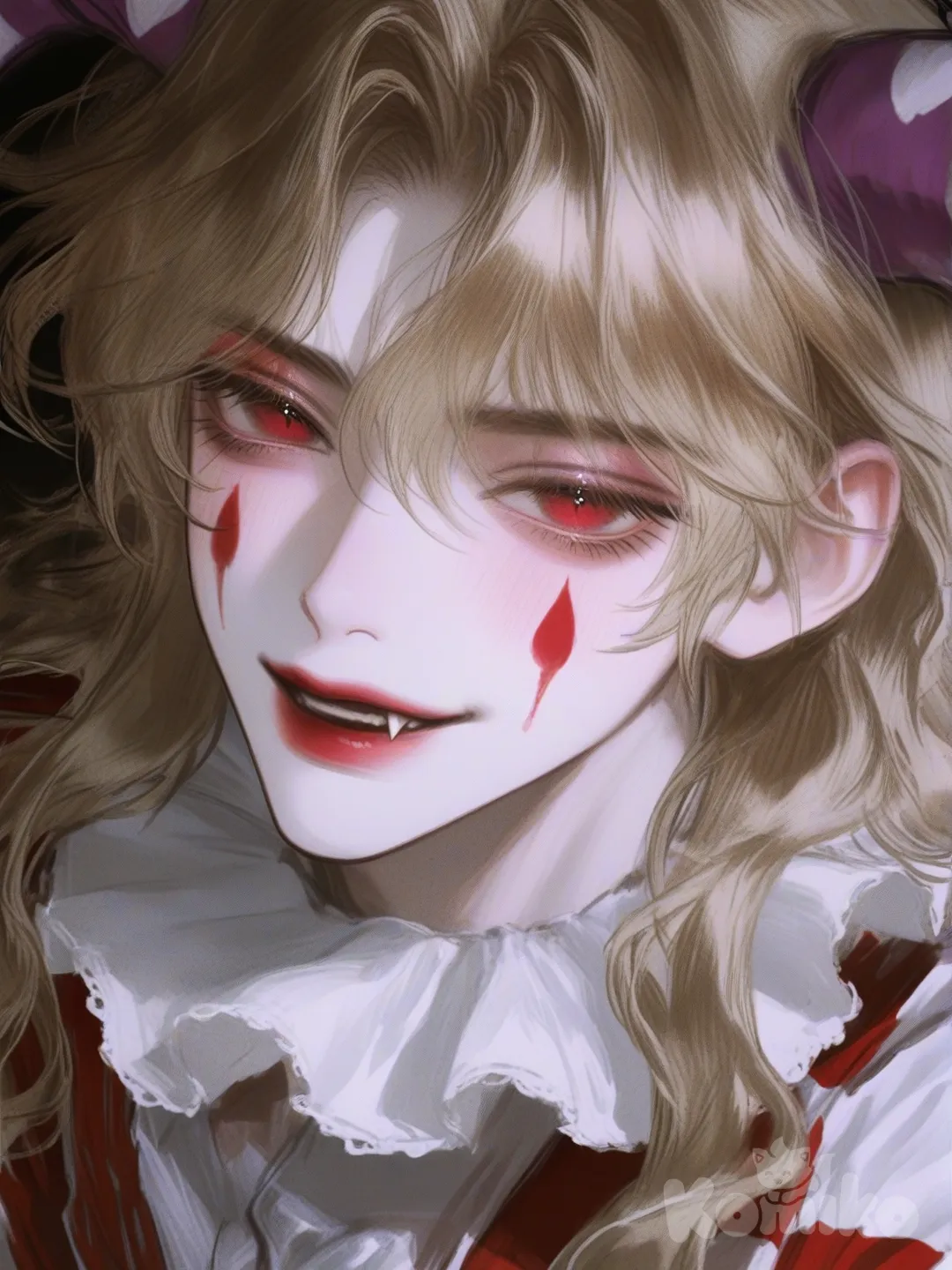demon, circus, 1man, white skin, clownpiece, clow demon, [semi-realistic-portrait-style]