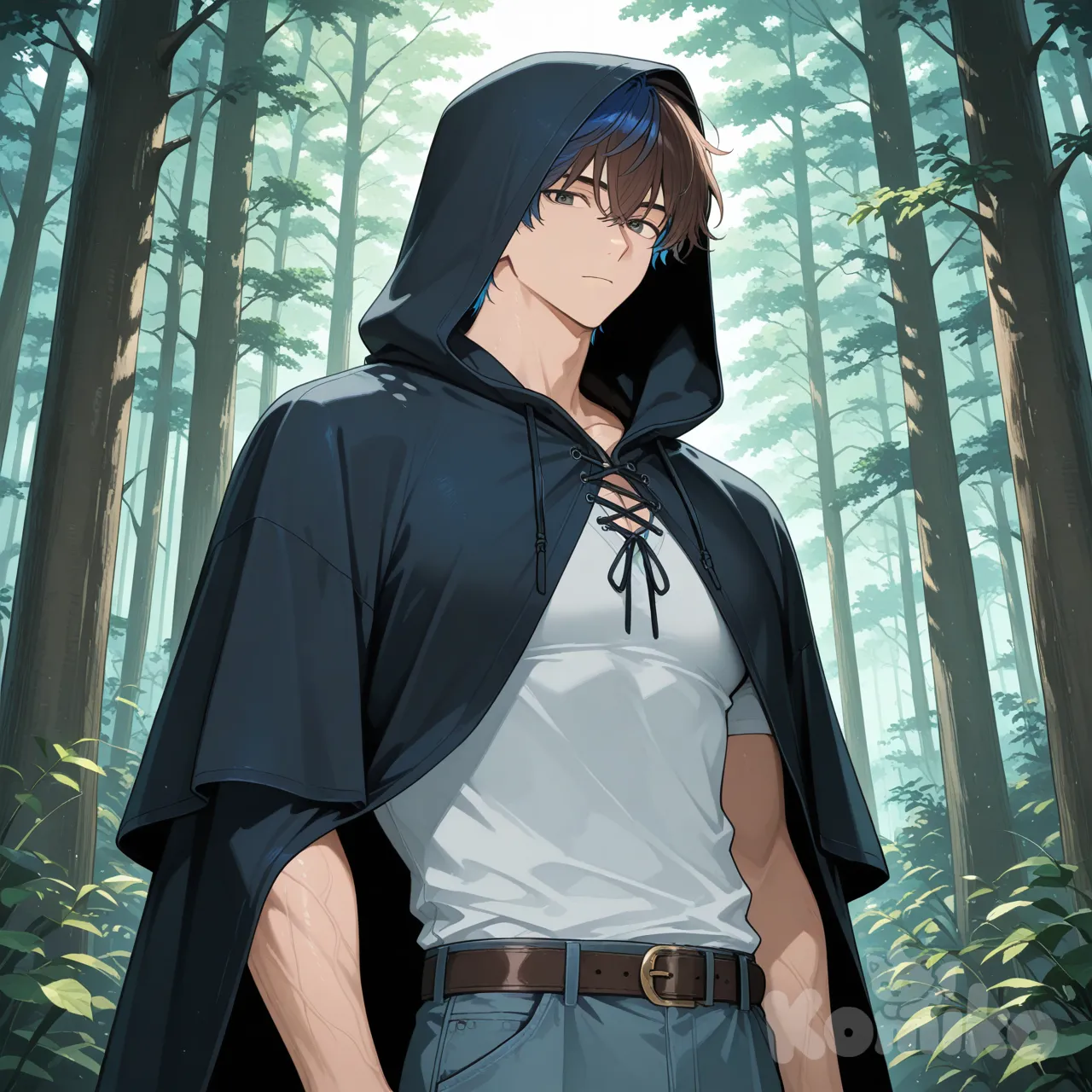 Man, muscular, short hair, blue hair, brown hair, casual pants, forest,สวมเสื้อคลุมมีฮูดสีดำ, upper body