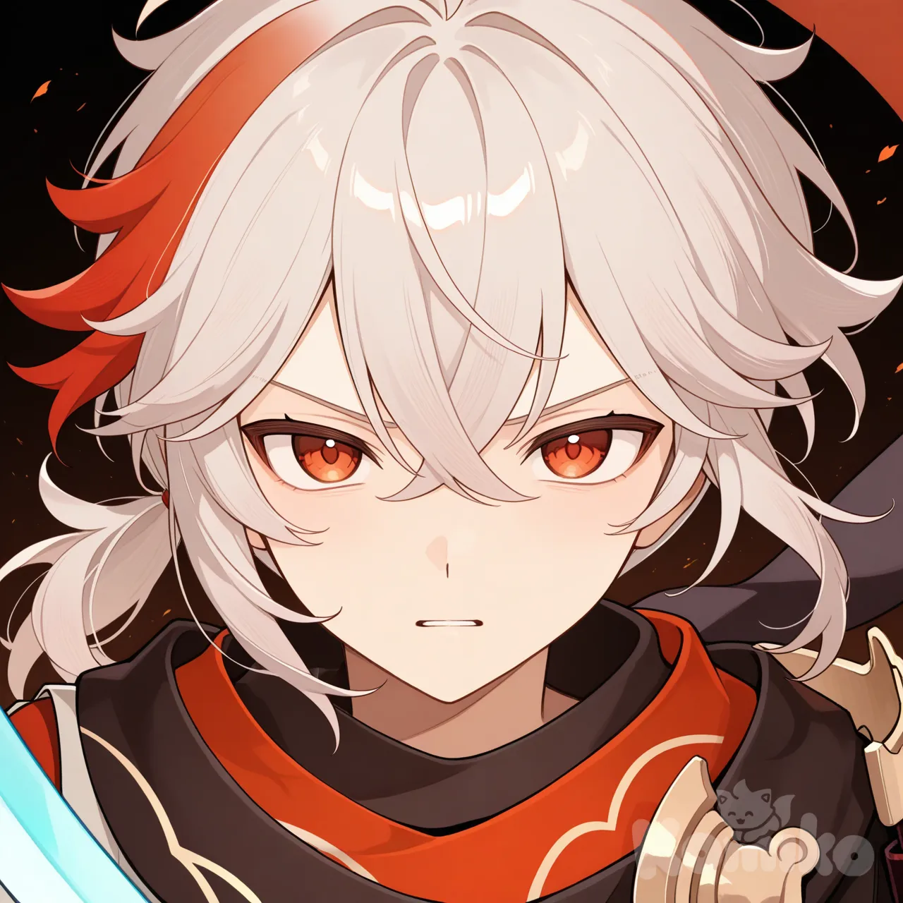 @Kaedehara_Kazuha, holding sword, angry, closeup