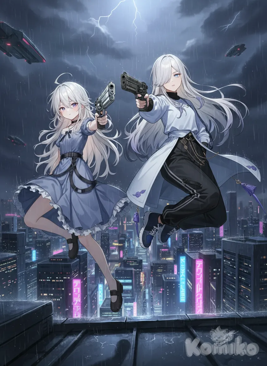 and , 2people, <luna-everhart-zBpZ>, <lyra-evensong-sqNS>, holding gun, pointing at viewer, jumping from rooftop, hands in pockets, full body