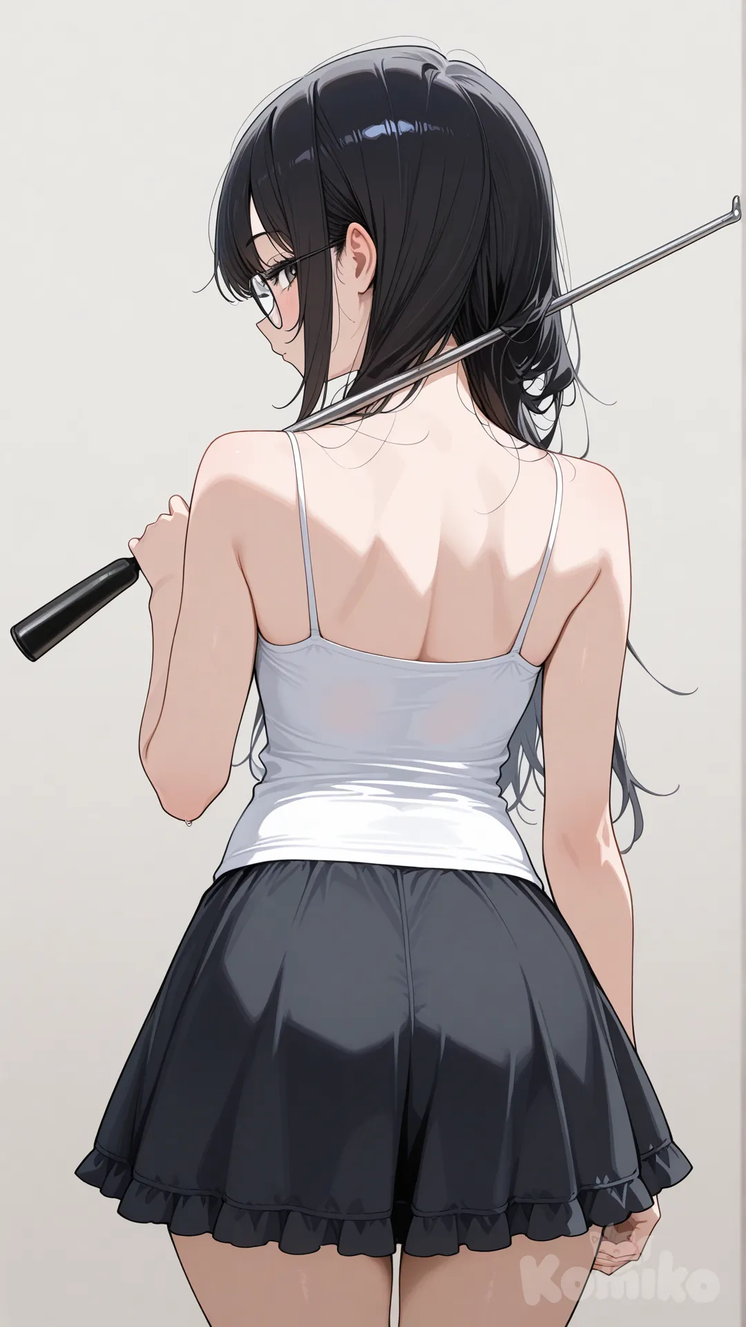 Chica cabello negro, gafas grandes camiseta de tirante, falda corta de olanes, de espaldas viendo al espectador