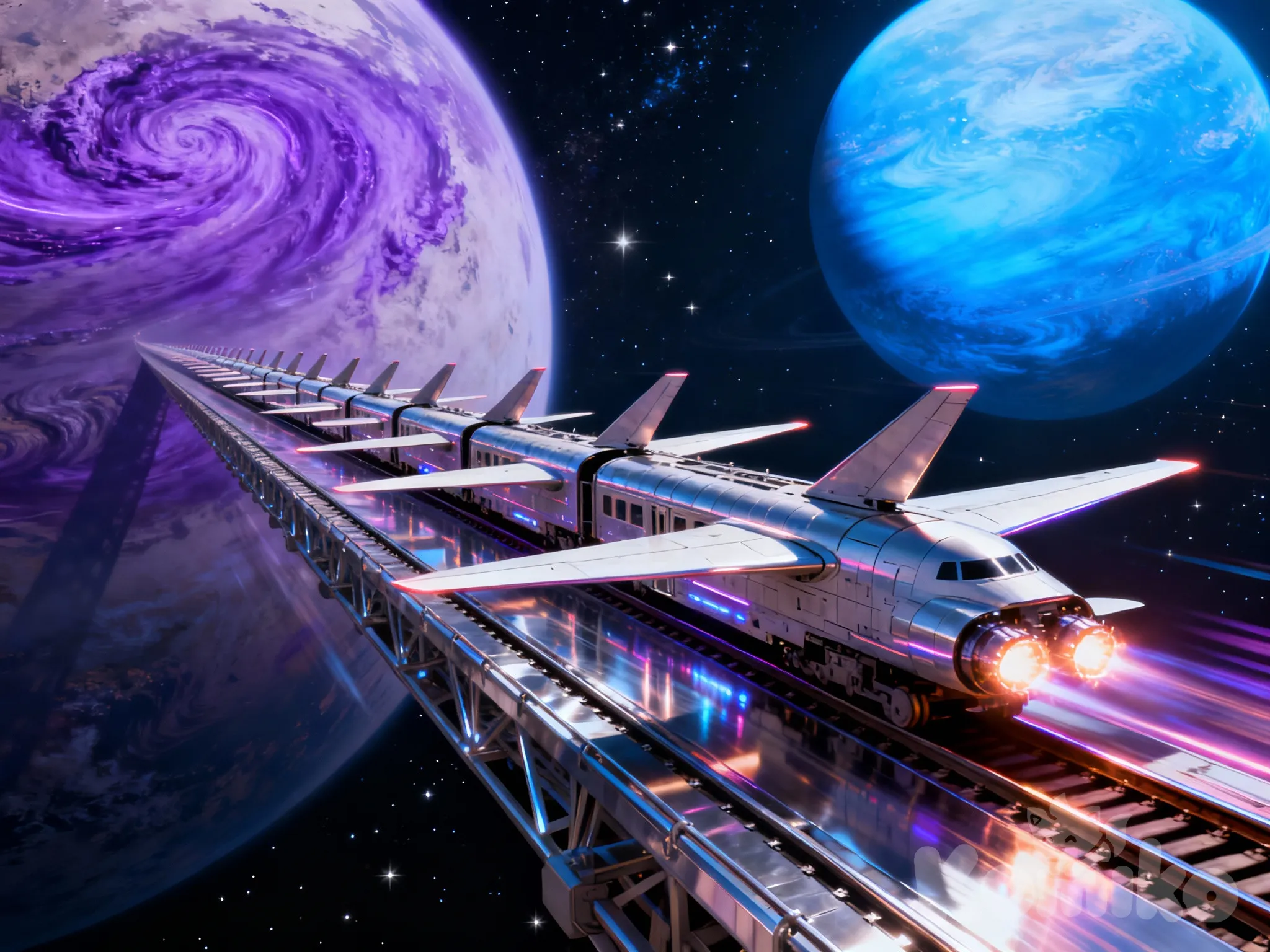 A train with segments that look like the bodies of aeroplanes, each section equipped with aeroplane wings, riding a railway line between two planets.