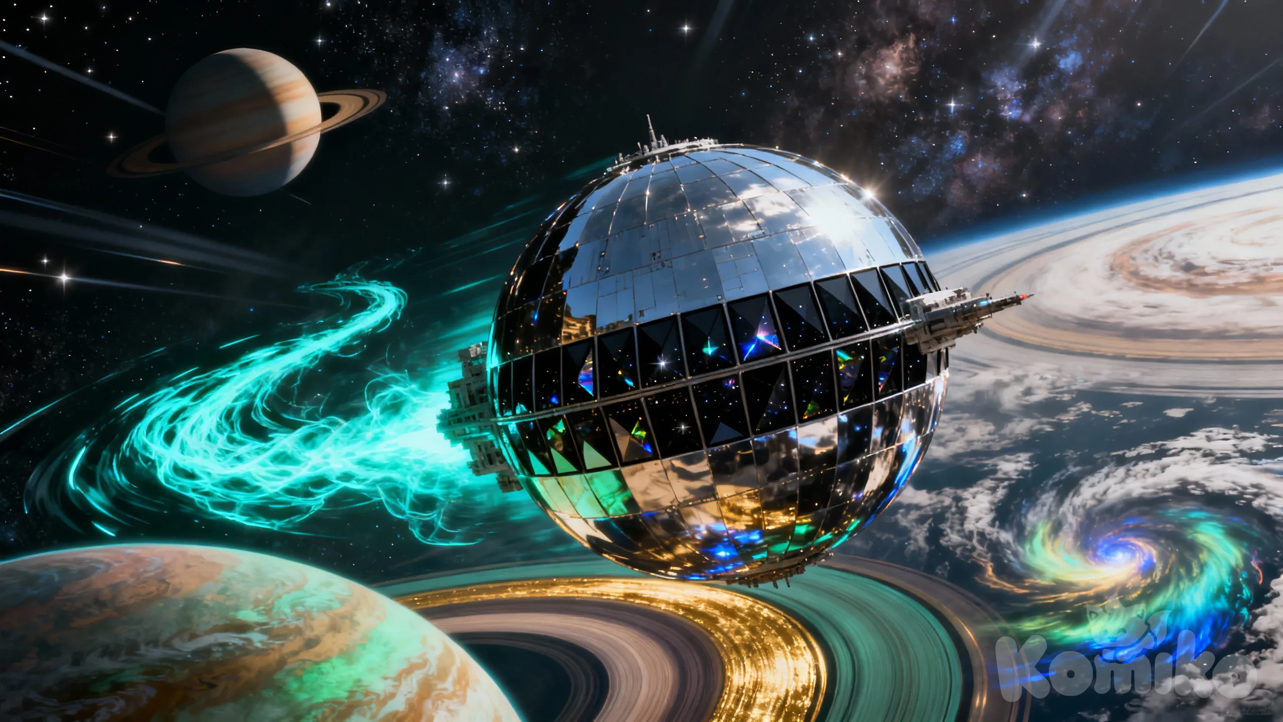 A massive spherical spaceship, its surface covered in neat rows of dark black windows that gleam gracefully, hurtles through space like a giant pinball, bouncing dynamically off colorful, ringed planets and leaving a glowing, ethereal trail along its erratic bounce path through the starry cosmos.