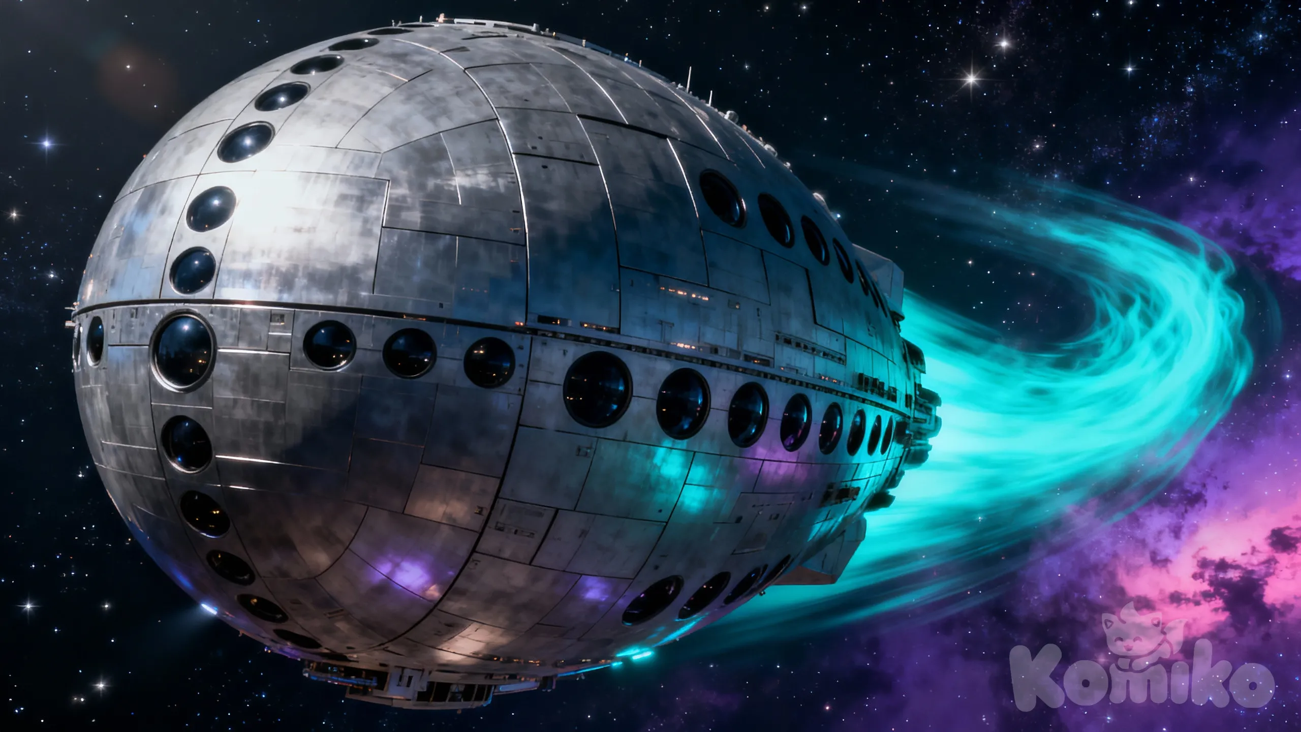A massive spherical spaceship, its surface dotted with neat rows of dark circular windows, hurtles through space leaving a glowing ethereal trail along the starry cosmos, photo (medium), [realistic-style]