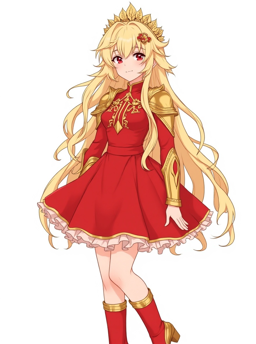 1girl, blonde hair, long hair, wavy hair, hair ornament, laurel crown, red eyes, pale skin, slender build, athletic build, red dress, short dress, sleeveless dress, exposed shoulders, exposed legs, gold trim, intricate embroidery, golden armor, armored arms, armored legs, red boots, high boots, single character, full body, looking at viewer, anime style, simple background, white background