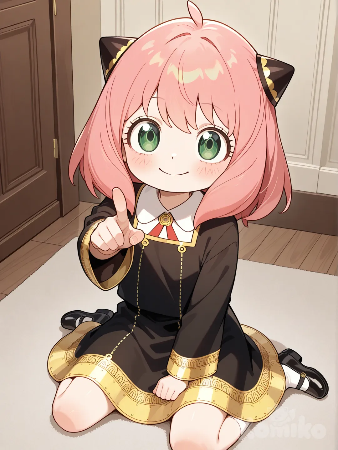 @Anya_(Spy_X_Family), pointing at viewer, sitting on the ground