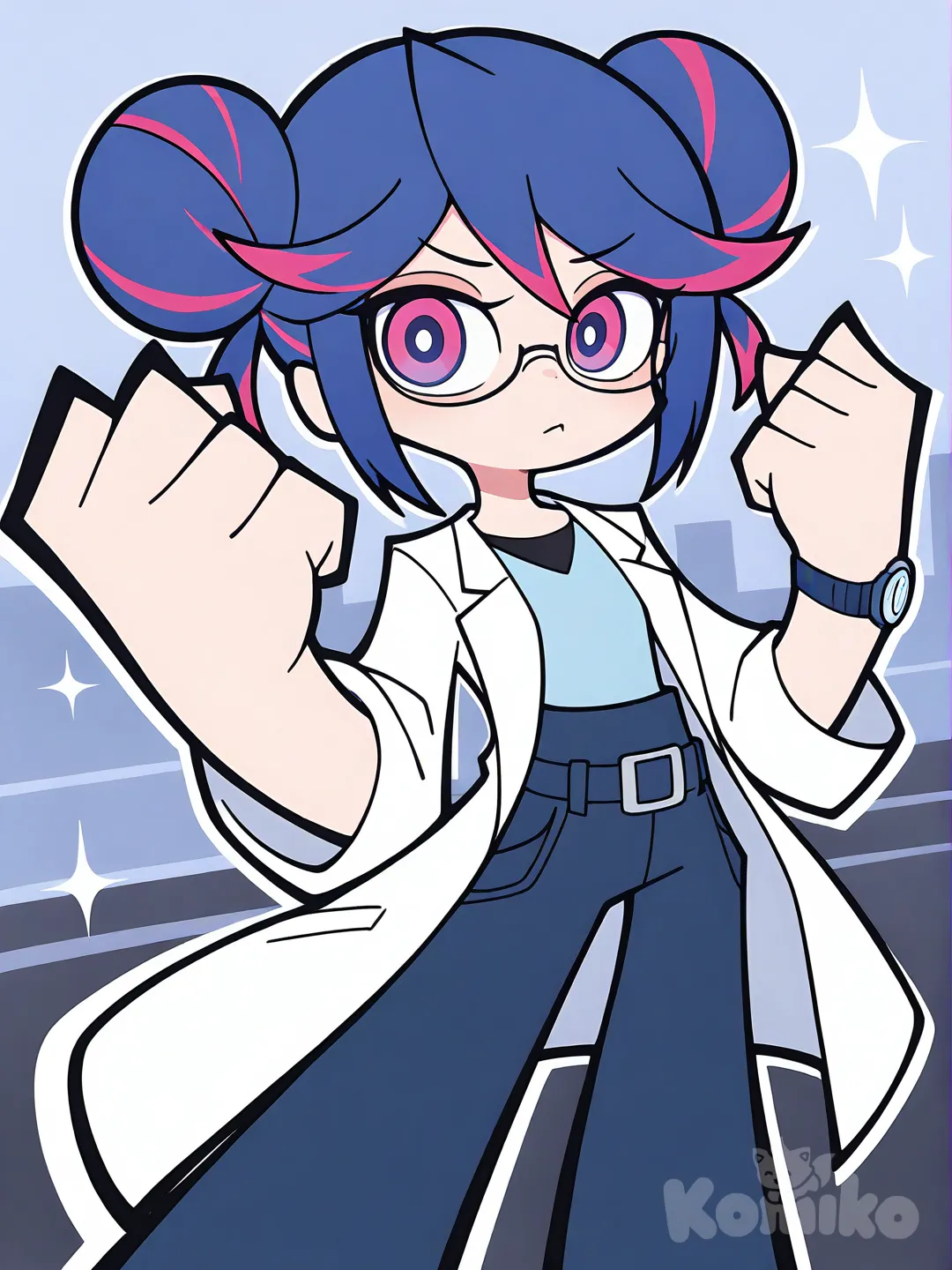 [minimalist-style], 1girl, lab coat, cargo pants, navy blue, klein blue, neon red, gradient, double s, double buns, glasses, quartz watch