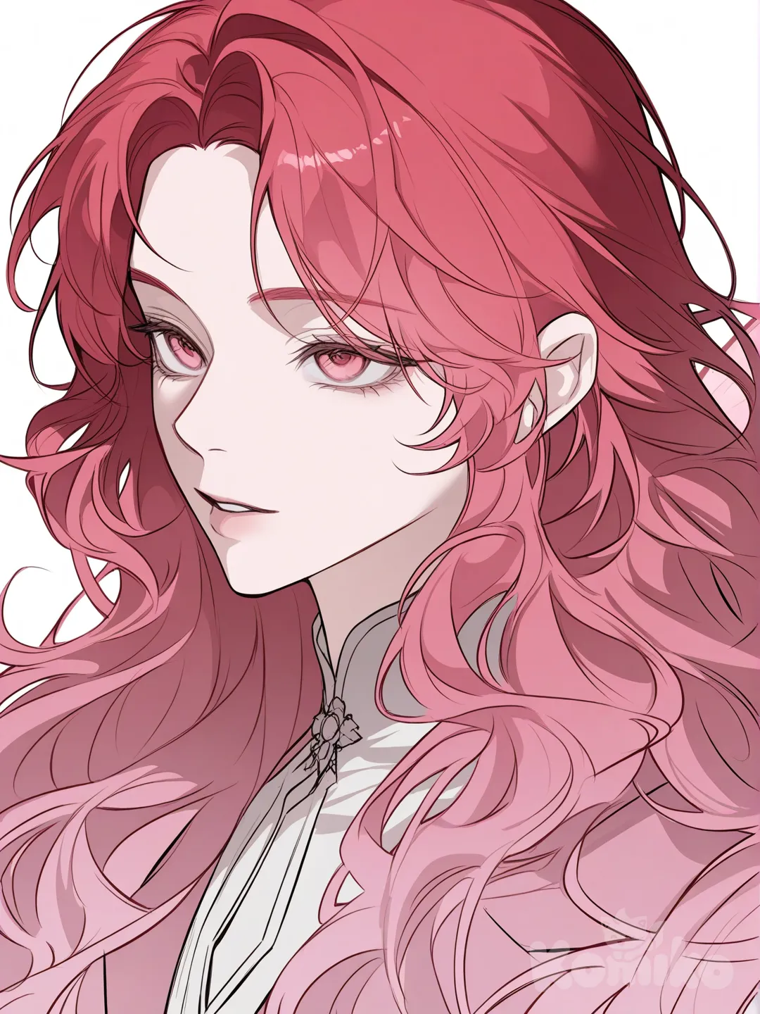 1girl, red hair, pretty, cherry blossom pink long wavy hair, pink eyes, fairy wings, looking away, white background, upper body, wide shot, [muscular-manhwa-style]