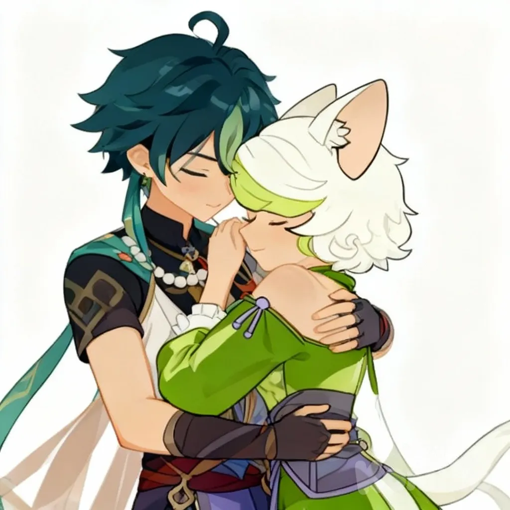 couple, love, shy, hug, xiao (genshin impact)