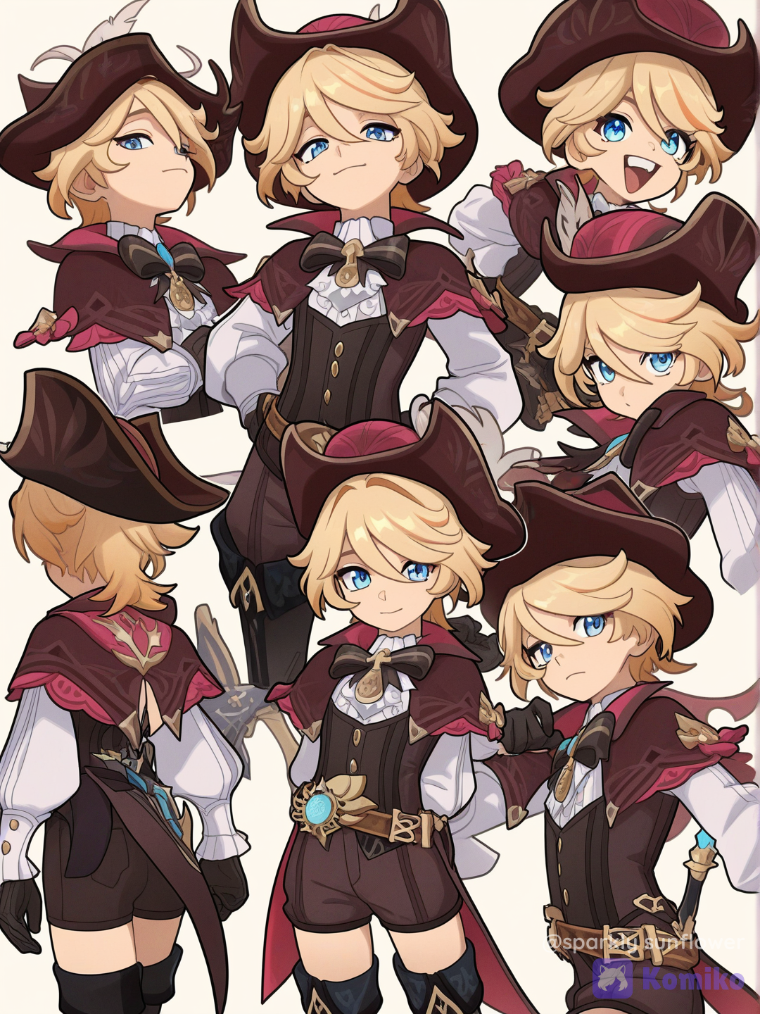 Create a genshin impact oc, anemo vision, short male, the child of Jean from genshin impact. Mondstat outfit style, bard, sweet looking, Character ref sheet, Genshin impact style, [layered-cel-anime-style]