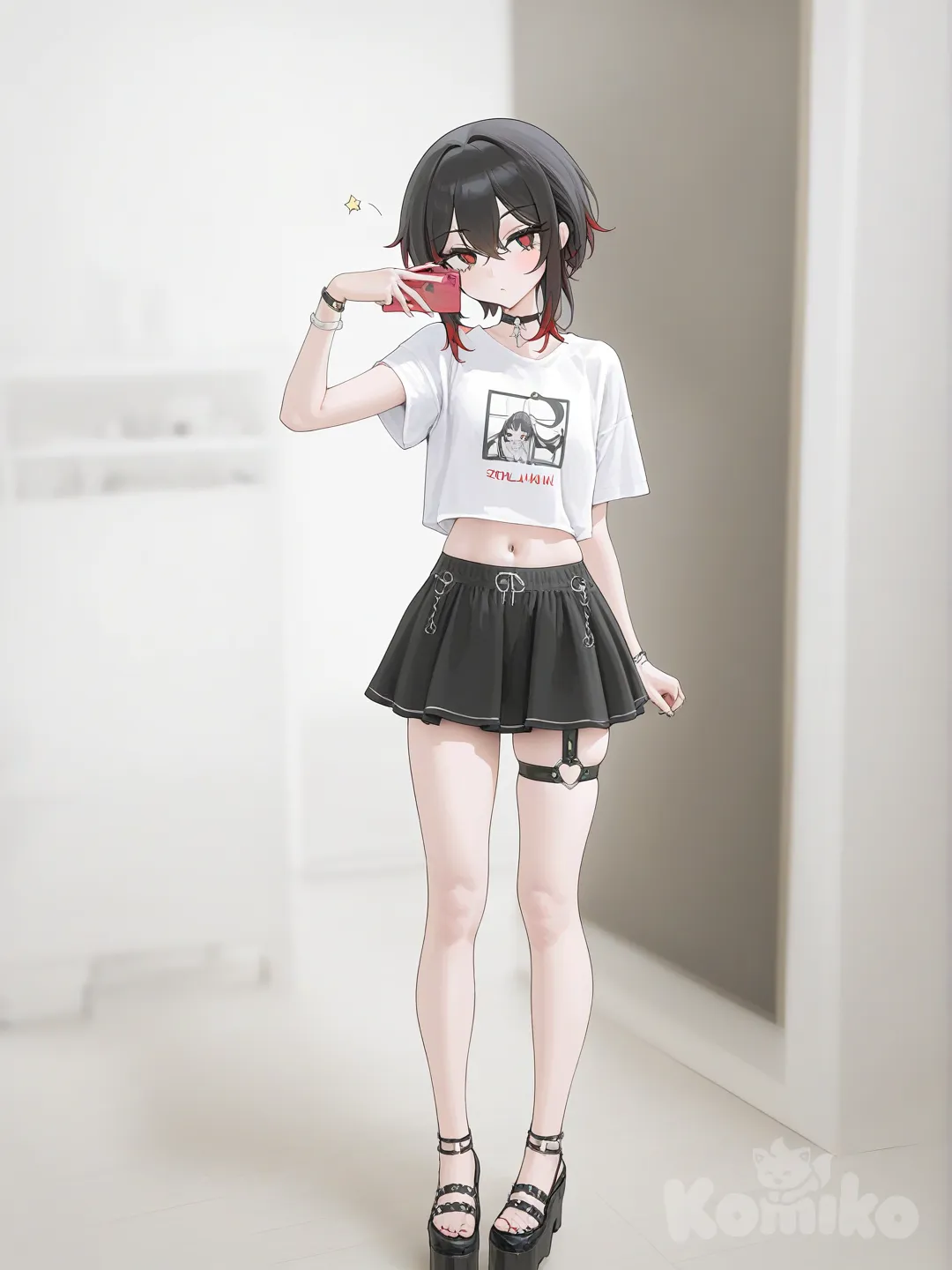sexy mini skirt mini crop top platform heals black hair red tips, 1girl, [vibrant-anime-style], selfie, full body