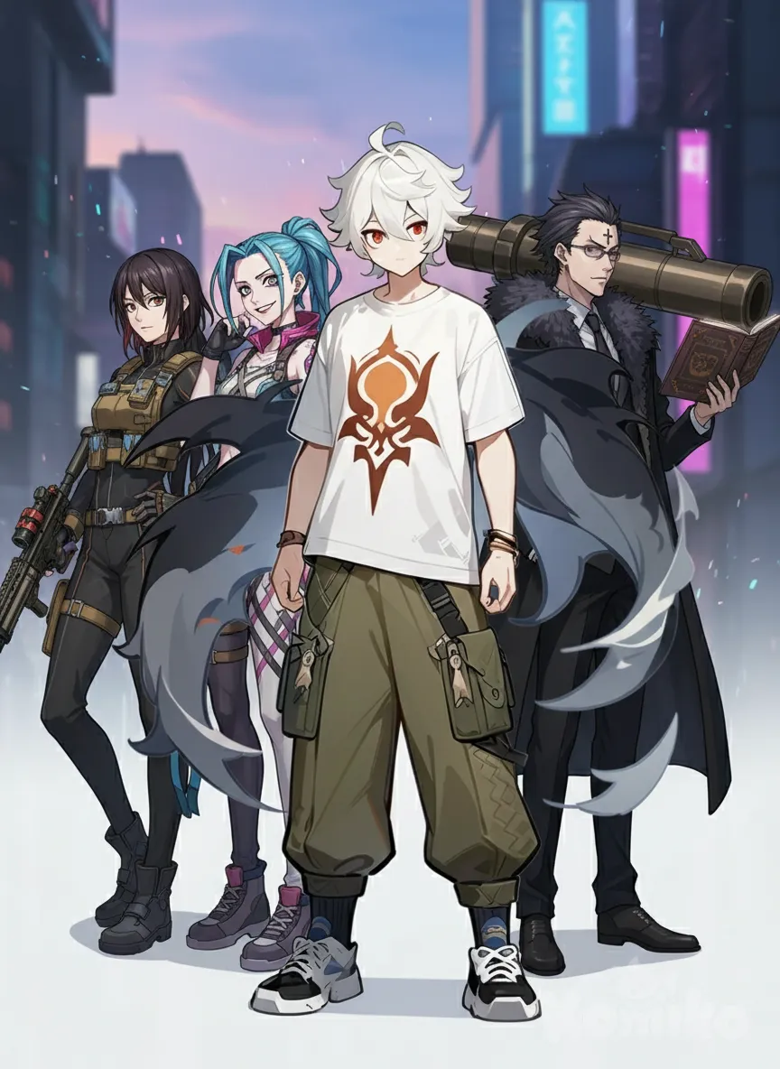 1boy, 1girl, 2people, <tanjiro-Jcvu>, M4 Sopmod Ii (Girls' Frontline), Arcane Jinx, Chrollo Lucilfer, anime style